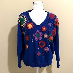 Malain Vintage Women Blue Crocheted Colorful Flower Boho Hippie Sweater M